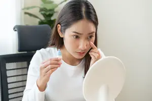 A woman sitting in front of a mirror, holding a bottle of eye drops, and applying it to her eye.