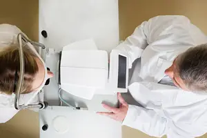 A man and a woman, both wearing white coats, are in a medical examination room, using an ophthalmoscope to examine the woman's eyes.