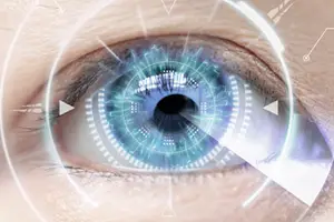 A close-up of a human eye with a blue iris and a white arrow pointing to the right, with a white circle in the middle and a blue circle on the outside, on a white background
