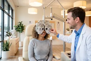 A man in a white lab coat adjusts the equipment for a woman having her eyes checked by an optometrist in an office