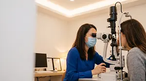 A woman is wearing a mask and looking into an eye examination machine while another woman watches.