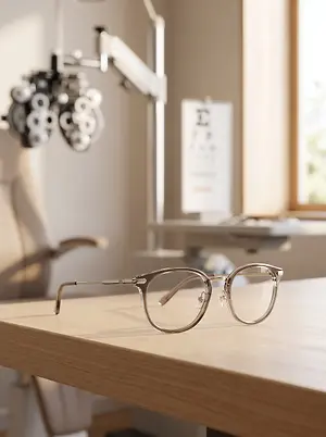Eyeglasses resting on a wooden table in an optometry exam room
