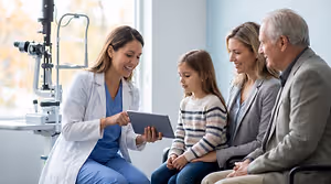 Optometrist discussing eye care with a girl and her family in an eye clinic