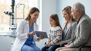 Optometrist discussing eye care with a girl and her family in an eye clinic
