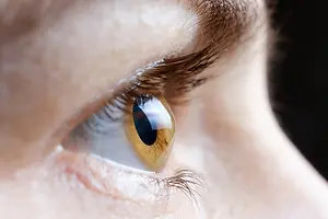 Close-up of a person's eye with brown iris and black pupil, eyelashes and eyebrow are visible