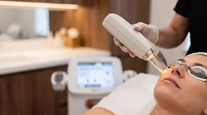 A person is receiving a laser treatment for their skin at a beauty salon.
