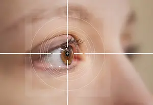 Woman having her eyes examined by a doctor with a crosshair overlay