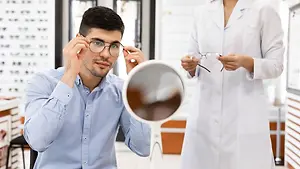 A man in a blue long-sleeve shirt is adjusting his glasses while a woman in a white lab coat holds a pair of glasses and a mirror