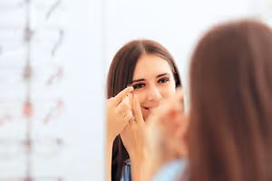 woman putting contact lens