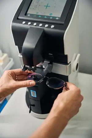 A person wearing a ring is holding a pair of glasses in front of a machine with a digital screen, probably in a laboratory.
