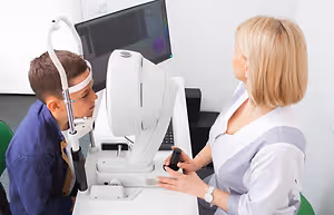 An adult woman with blonde hair and a bracelet is holding an eye examination machine, and a boy with a headset is sitting in front of it, looking at the monitor, while a keyboard is placed behind the machine.