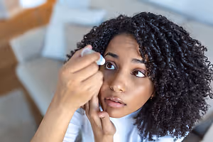 Woman applying eye drops while looking downward.