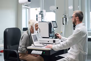 A man in a lab coat is operating an ophthalmoscope on an elderly woman sitting in a chair in a clinic.