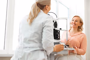 Woman with pink top smiling with doctor holding eye exam equipment