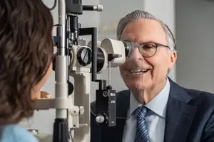 A man in a suit is examining a woman's eyes with a medical device