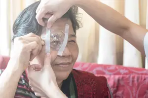 An elderly woman has a clear plastic contact lens applied to her eye by a person in a white shirt.