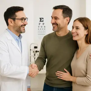 A smiling doctor shakes hands with a couple in a medical office.