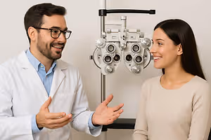 An eye doctor is smiling and talking to a woman who is sitting in front of an eye exam machine.