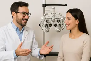 An eye doctor is smiling and talking to a woman who is sitting in front of an eye exam machine.