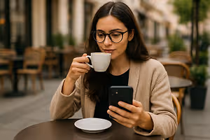A woman wearing glasses is drinking coffee at a table while using her phone