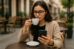 A woman wearing glasses is drinking coffee at a table while using her phone