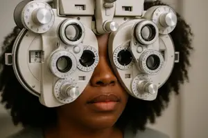 Close up of a woman looking through an optometrist's machine.