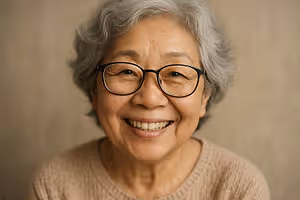An older woman with short gray hair wearing glasses and a beige sweater is smiling and looking at the camera.