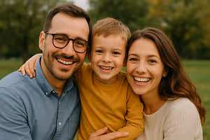 A family consisting of a man, a woman, and a boy are smiling and posing for a photo in a park.