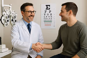 A smiling man wearing a white coat and tie is shaking hands with another man who is wearing a green shirt and has glasses on in front of an eye exam machine and an eye chart on the wall behind them.