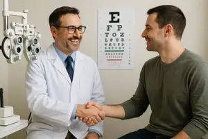 A smiling man wearing a white coat and tie is shaking hands with another man who is wearing a green shirt and has glasses on in front of an eye exam machine and an eye chart on the wall behind them.