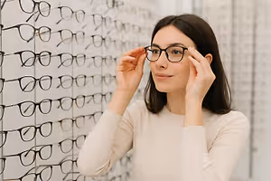 Woman adjusting glasses in front of a wall of frames at an optometrist's office