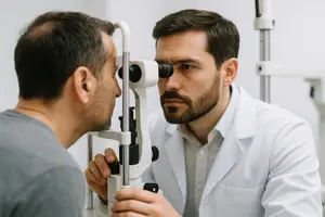 A man in a white coat is examining another man's eyes with a slit lamp.