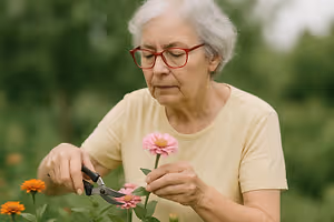 An elderly woman wearing glasses and a yellow t-shirt is holding a pair of scissors in her right hand and cutting the flower on the left hand in a garden. The garden has several flowers and plants, and the background is blurry. The sunlight is shining on the garden.