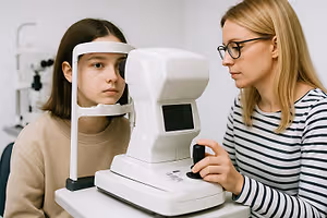 A woman is getting her eyes checked by an optometrist using an eye exam machine in a clinic.