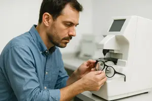 Man adjusting glasses on a machine in a lab