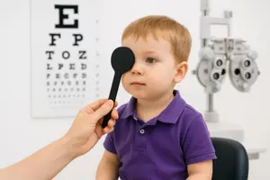 A toddler is being examined by an optometrist with a black eye patch over one eye and an eye chart in the background.