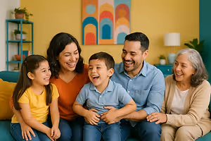 A family of four sitting on a couch and smiling at the camera, a woman holding a young boy and a young girl sitting next to her, a man sitting next to the woman, and an elderly woman sitting on the other side.