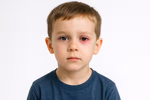A young boy with red eyes and a blue shirt is looking at the camera.