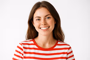 A smiling woman wearing a red and white striped t-shirt is looking at the camera with a bright smile.