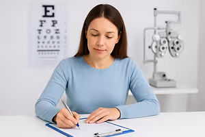 Woman in a blue sweater writing on a piece of paper in an optometrist's office