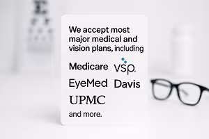 Text on a white background states that they accept most major medical and vision plans, including Medicare, VSP, EyeMed, Davis, and UPMC, with eyeglasses in the foreground.