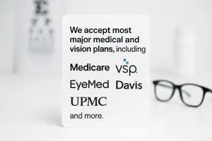 Text on a white background states that they accept most major medical and vision plans, including Medicare, VSP, EyeMed, Davis, and UPMC, with eyeglasses in the foreground.