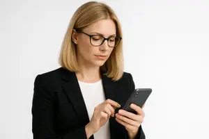 A woman wearing glasses and a black blazer is looking at her phone.