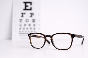 A pair of eyeglasses with brown frames sits on a white surface in front of an eye chart.