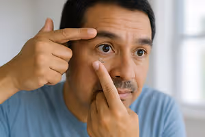 A man is adjusting his contact lens while looking at himself in the mirror.