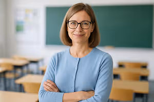 A smiling woman in a blue sweater and glasses stands in a classroom with her arms crossed.