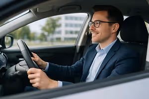 A man is driving a car on a sunny day, with a building in the background and a smile on his face.