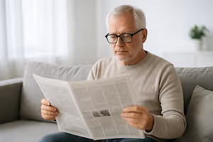 An older man reading a newspaper on a couch