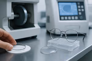 A hand holding a lens next to a pair of glasses and a machine with a monitor in a laboratory setting.