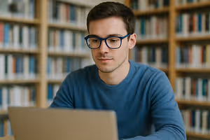 A man wearing glasses is sitting in front of a laptop in a library.